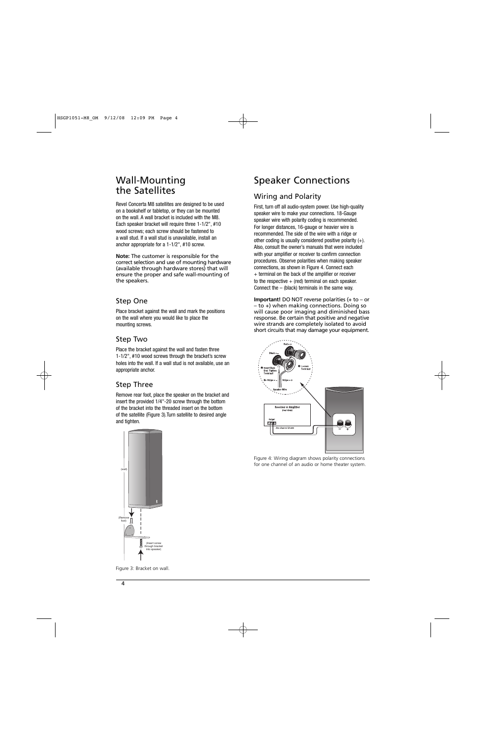 Speaker connections, Wall-mounting the satellites, Wiring and polarity | Step one, Step two, Step three | Revel M8 User Manual | Page 4 / 8