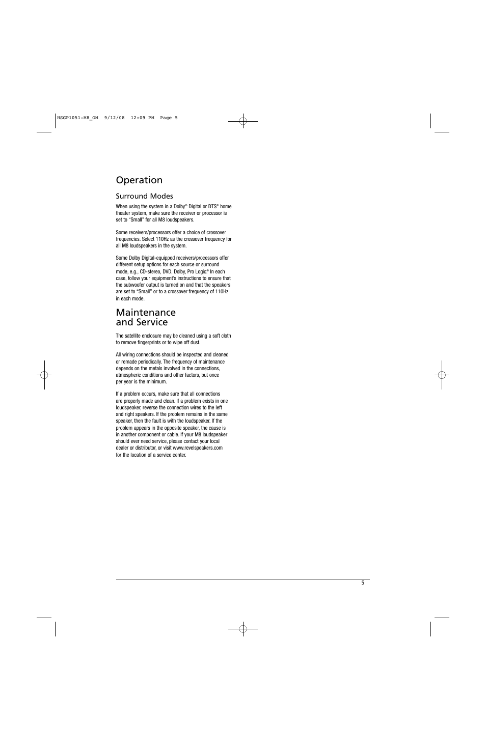 Operation, Maintenance and service, Surround modes | Revel M8 User Manual | Page 5 / 8