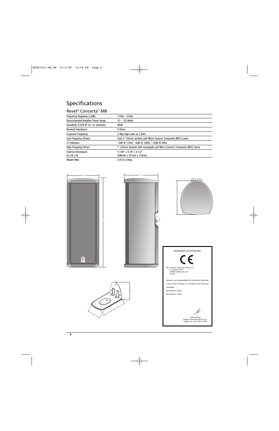 Specifications, Revel, Concerta | Revel M8 User Manual | Page 6 / 8