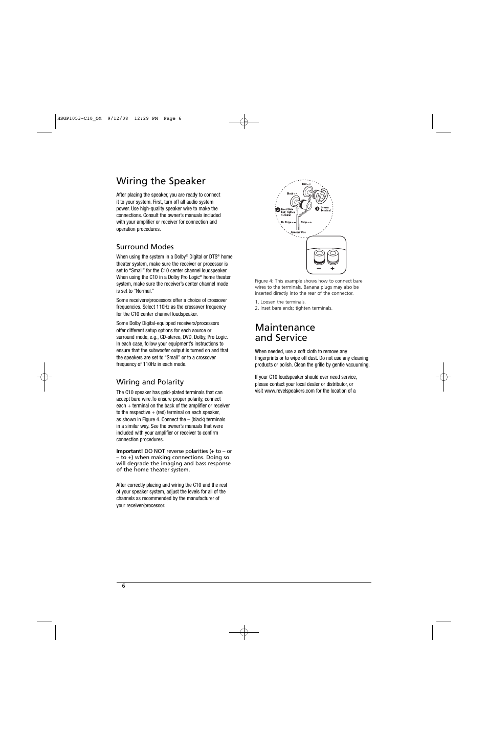 Wiring the speaker, Maintenance and service, Surround modes | Wiring and polarity | Revel C10 User Manual | Page 6 / 9