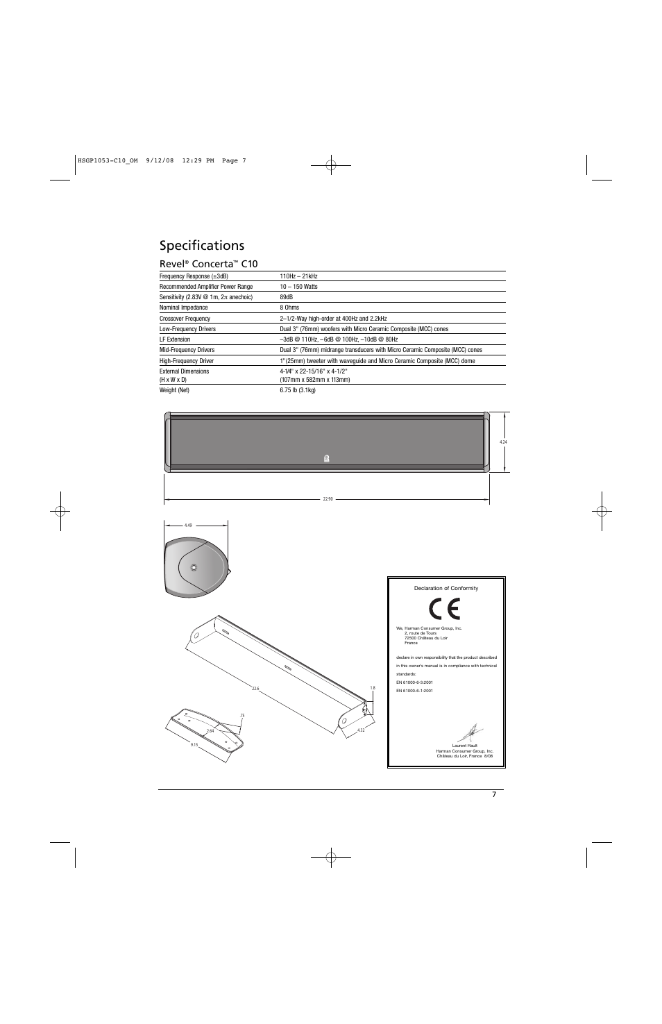 Specifications, Revel, Concerta | Revel C10 User Manual | Page 7 / 9