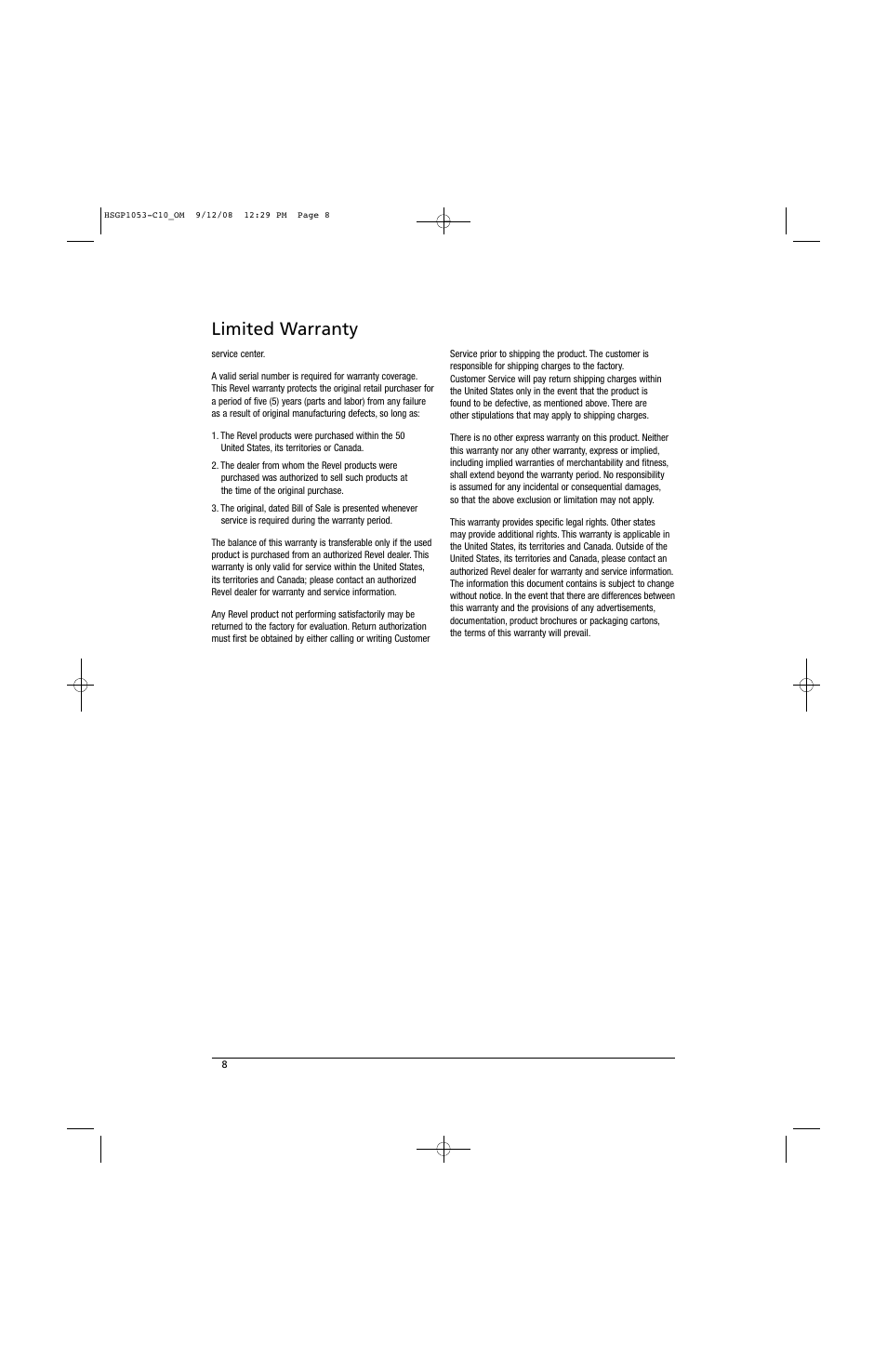 Limited warranty | Revel C10 User Manual | Page 8 / 9