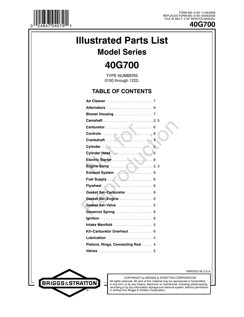 Briggs & Stratton 40G700 User Manual | 20 pages