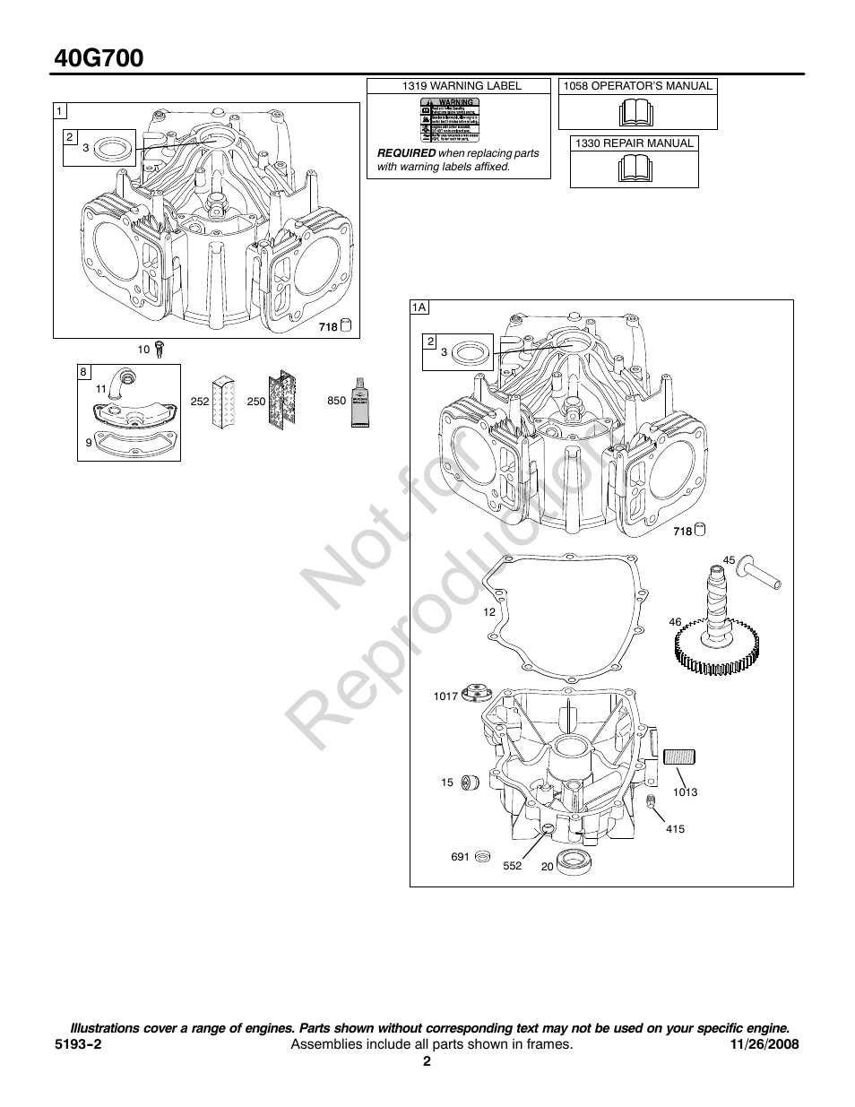 Not for reproduction | Briggs & Stratton 40G700 User Manual | Page 2 / 20