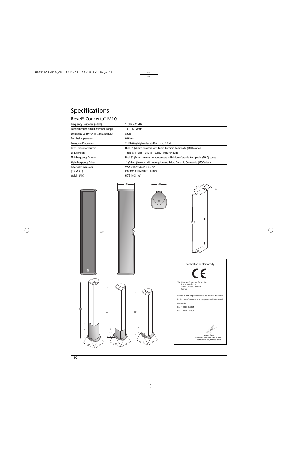 Specifications, Revel, Concerta | Revel M10 User Manual | Page 10 / 12