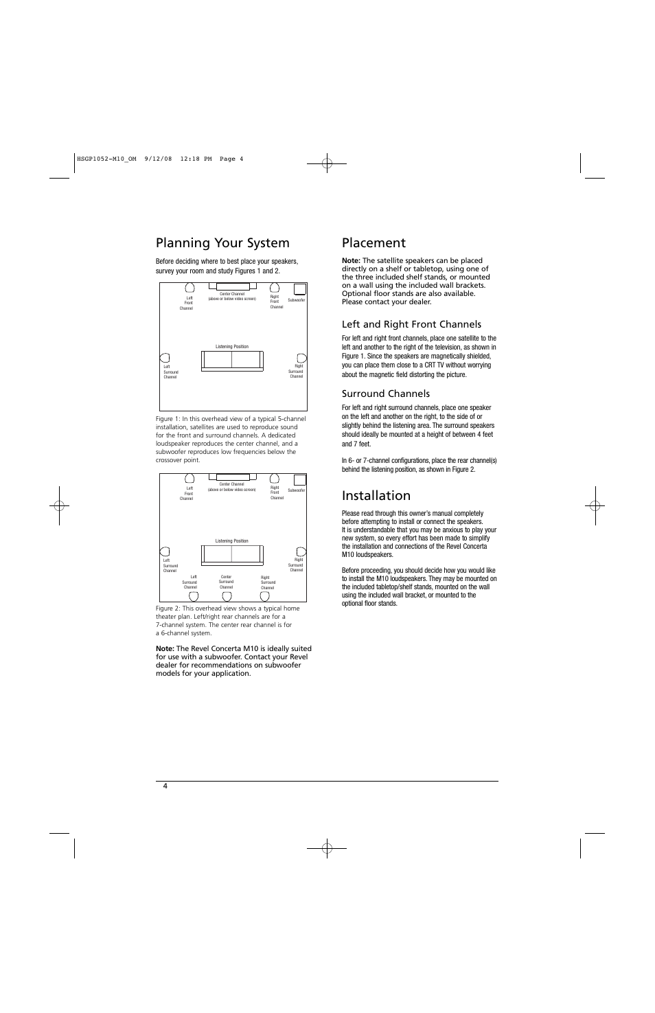 Planning your system, Placement, Installation | Left and right front channels, Surround channels | Revel M10 User Manual | Page 4 / 12