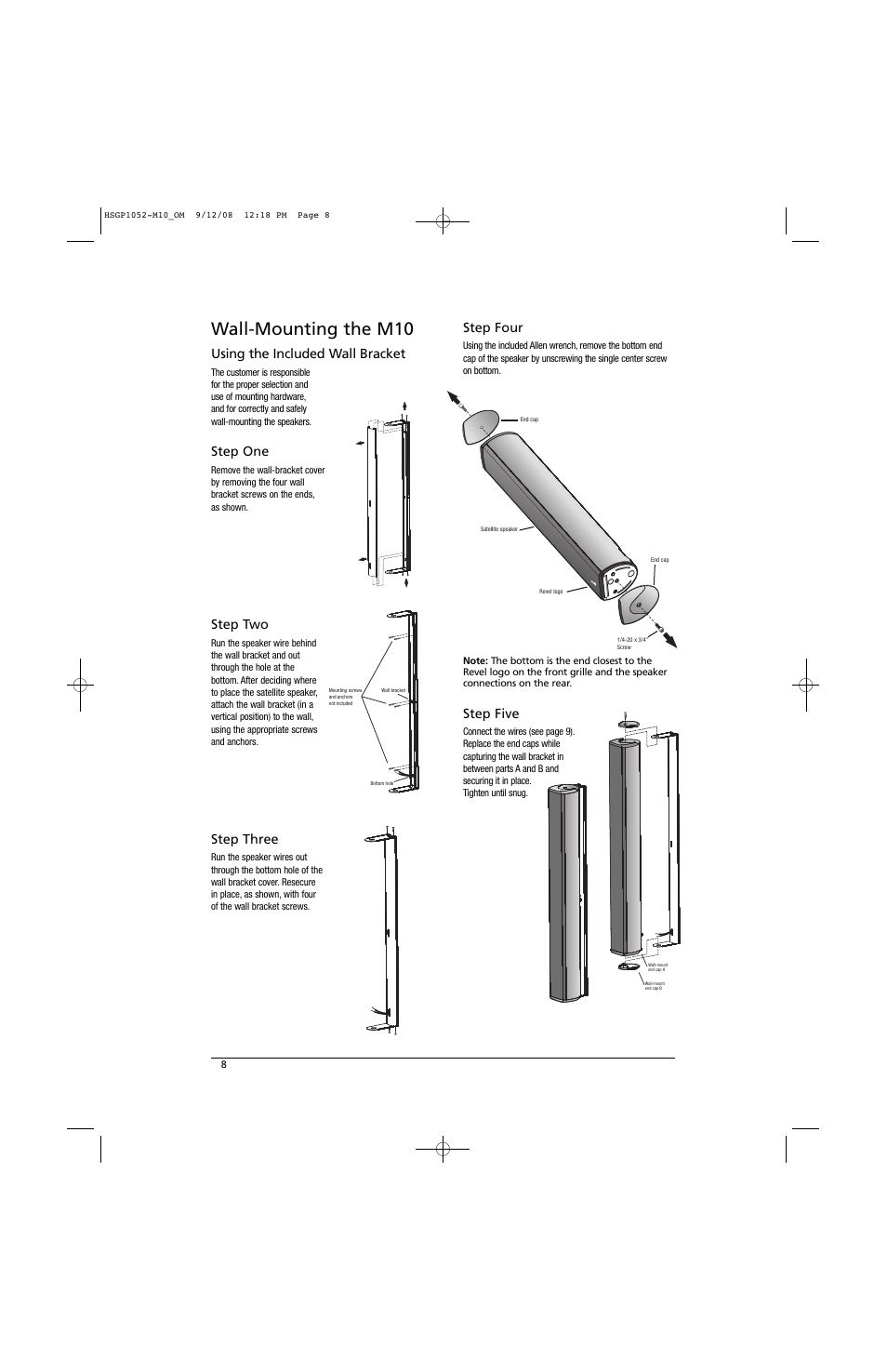 Wall-mounting the m10, Using the included wall bracket, Step one | Step two, Step three, Step four, Step five | Revel M10 User Manual | Page 8 / 12