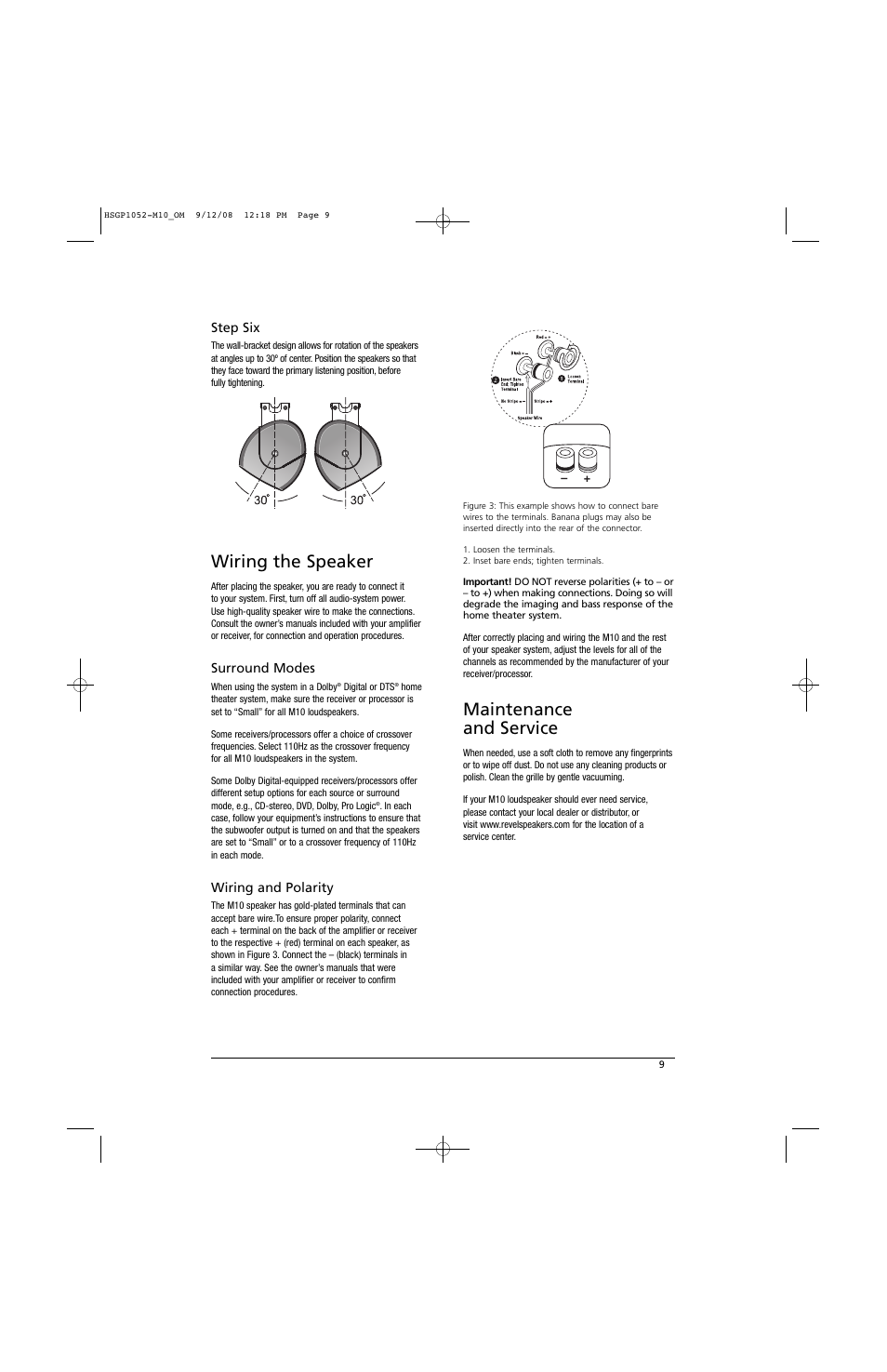 Wiring the speaker, Maintenance and service, Step six | Surround modes, Wiring and polarity | Revel M10 User Manual | Page 9 / 12