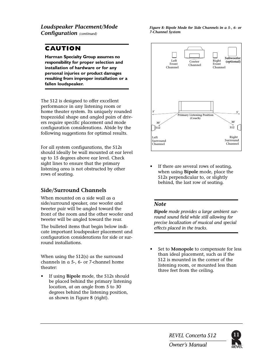Caution, Side/surround channels | Revel S12 User Manual | Page 11 / 24