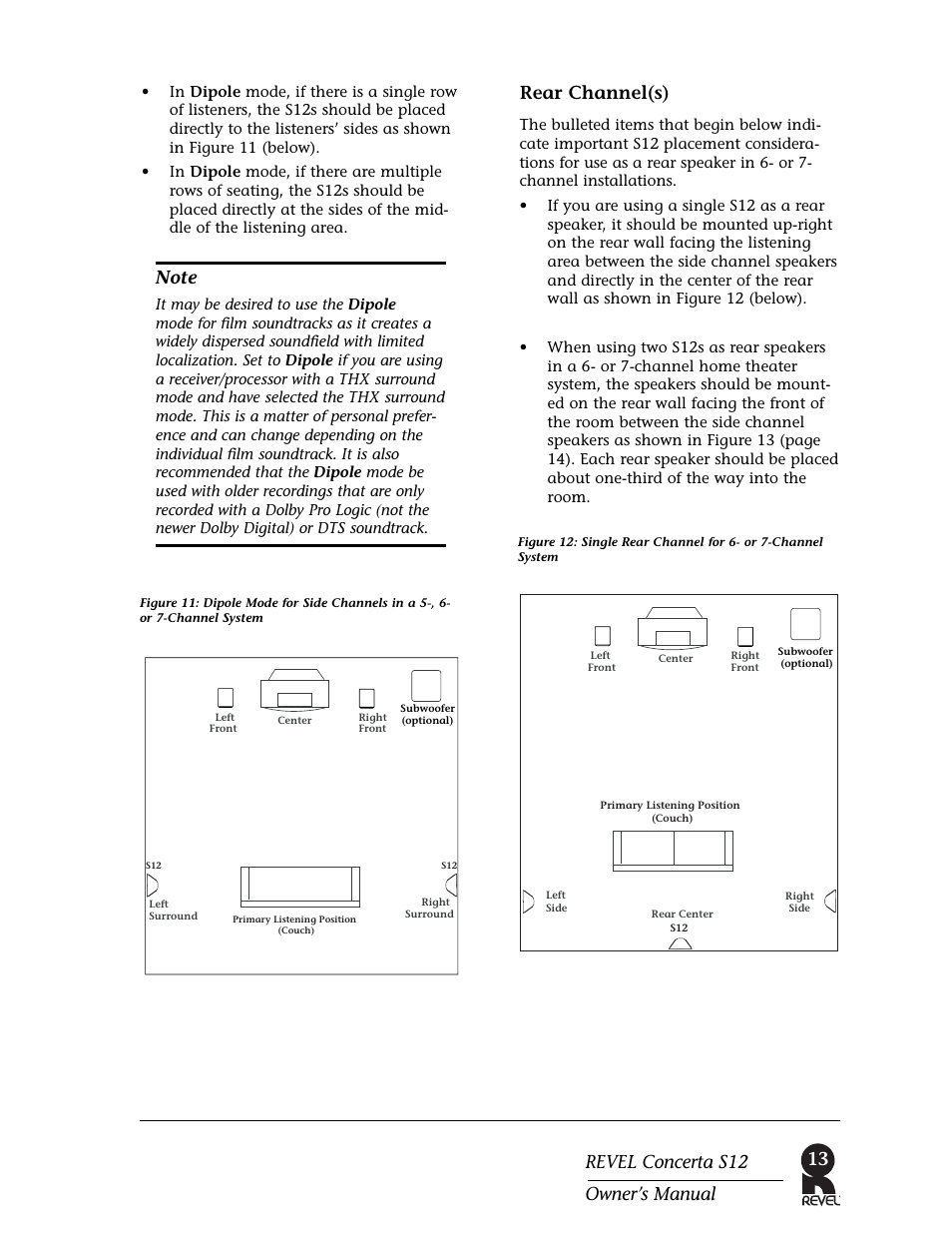 13 revel concerta s12 owner’s manual, Rear channel(s) | Revel S12 User Manual | Page 13 / 24