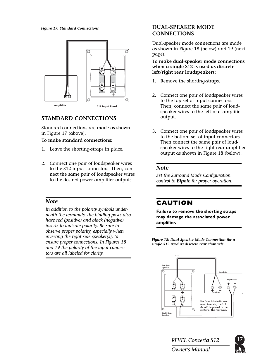 Caution, Dual-speaker mode connections | Revel S12 User Manual | Page 17 / 24