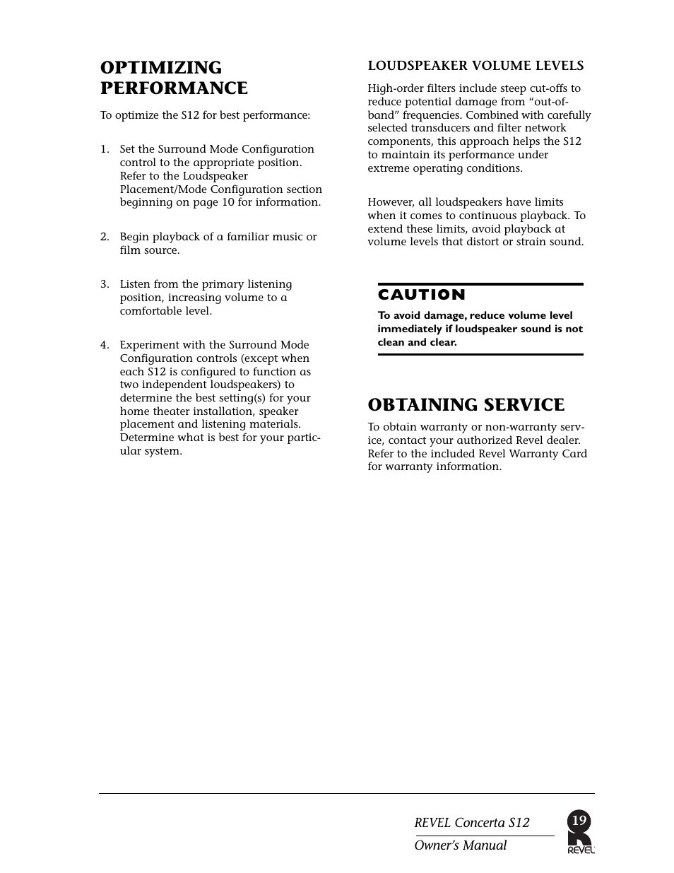 Optimizing performance, Obtaining service, Caution | Revel S12 User Manual | Page 19 / 24