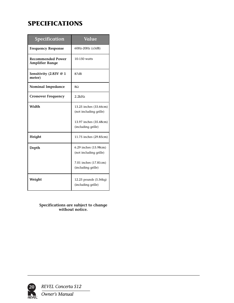 Specifications, Specification value, 20 revel concerta s12 owner’s manual | Revel S12 User Manual | Page 20 / 24
