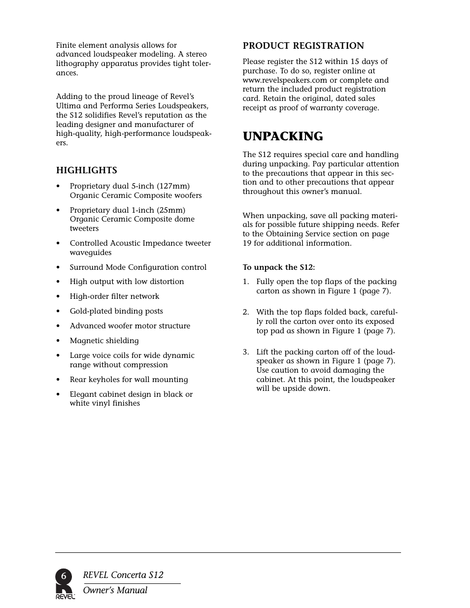 Unpacking | Revel S12 User Manual | Page 6 / 24