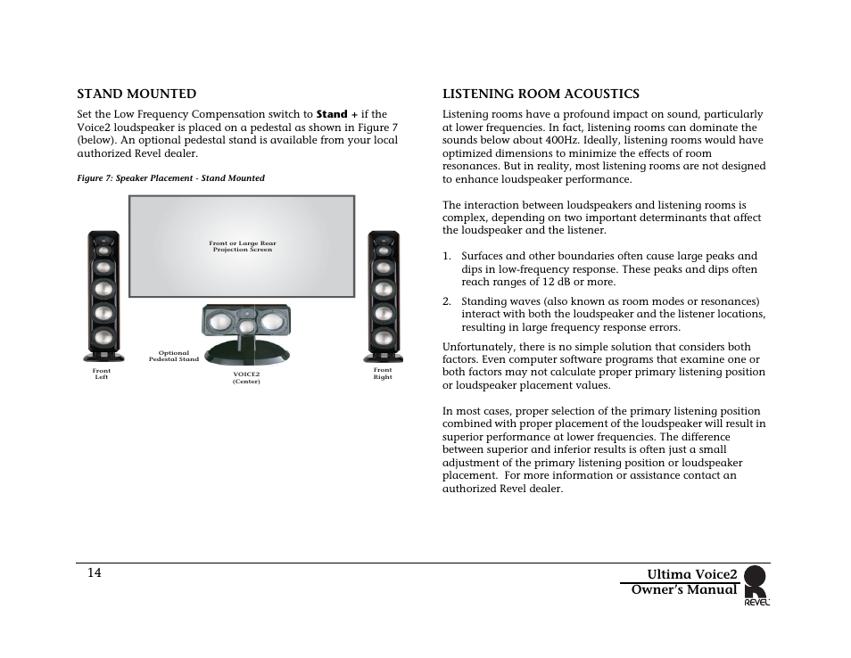 Stand mounted, Figure 7: speaker placement - stand mounted, Listening room acoustics | Stand mounted listening room acoustics, Ultima voice2 owner’s manual 14 stand mounted | Revel Voice 2 User Manual | Page 14 / 34