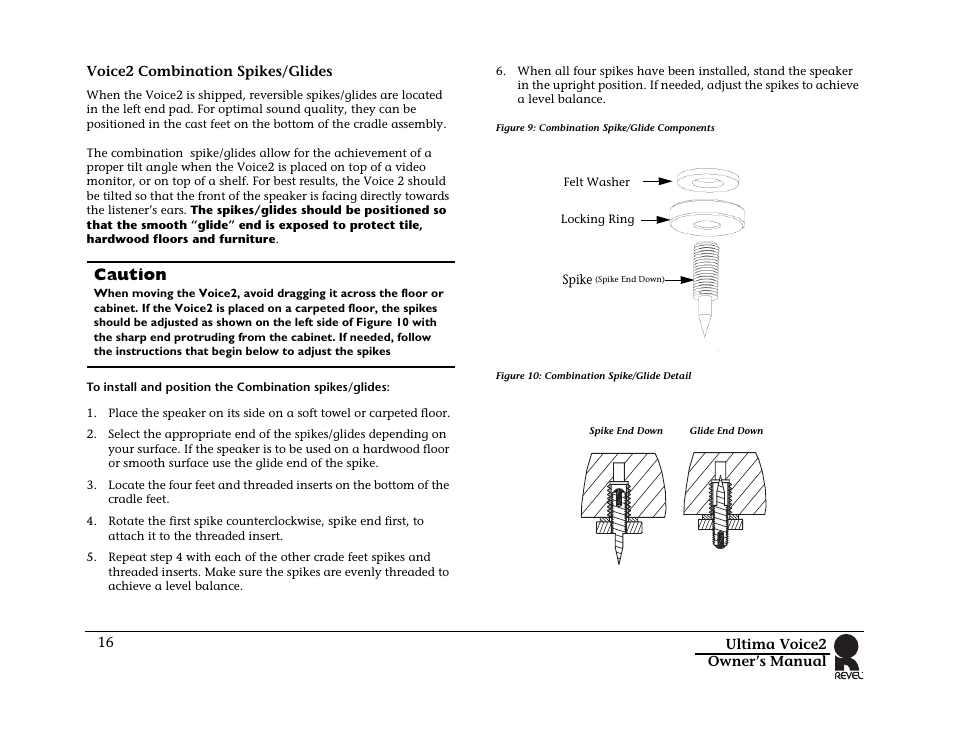 Voice2 combination spikes/glides, Figure 9: combination spike/glide components, Figure 10: combination spike/glide detail | Caution | Revel Voice 2 User Manual | Page 16 / 34