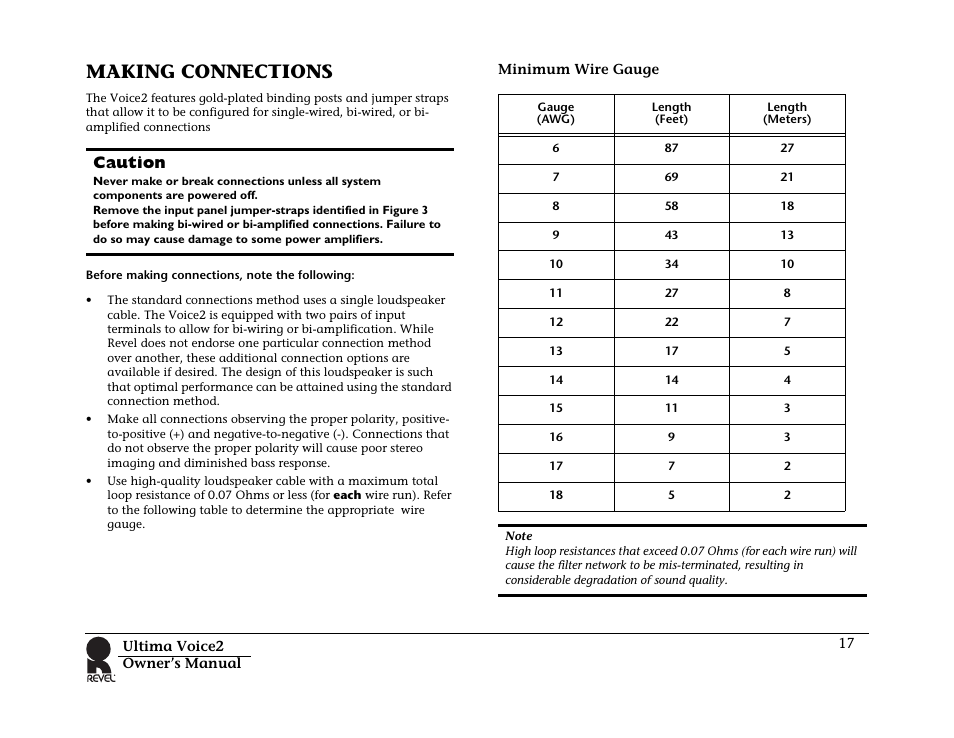 Making connections, Caution | Revel Voice 2 User Manual | Page 17 / 34