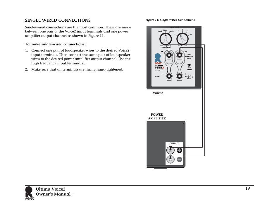 Single wired connections, Figure 11: single-wired connections | Revel Voice 2 User Manual | Page 19 / 34