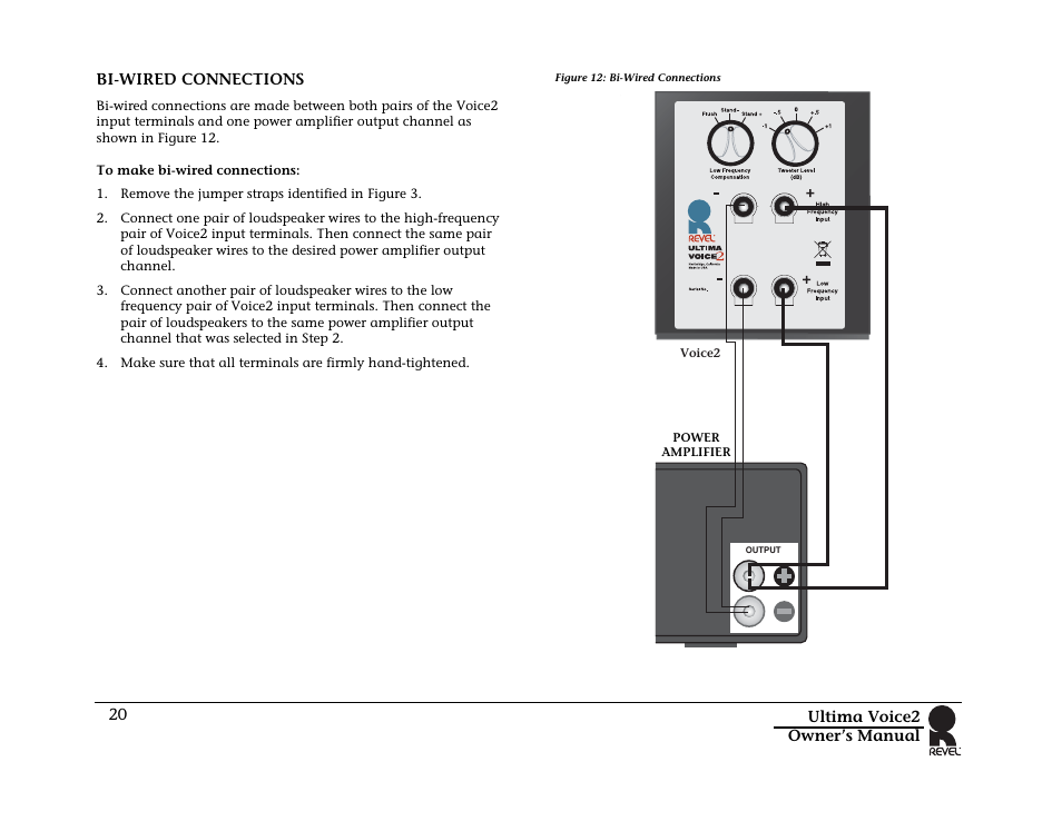 Bi-wired connections, Figure 12: bi-wired connections | Revel Voice 2 User Manual | Page 20 / 34