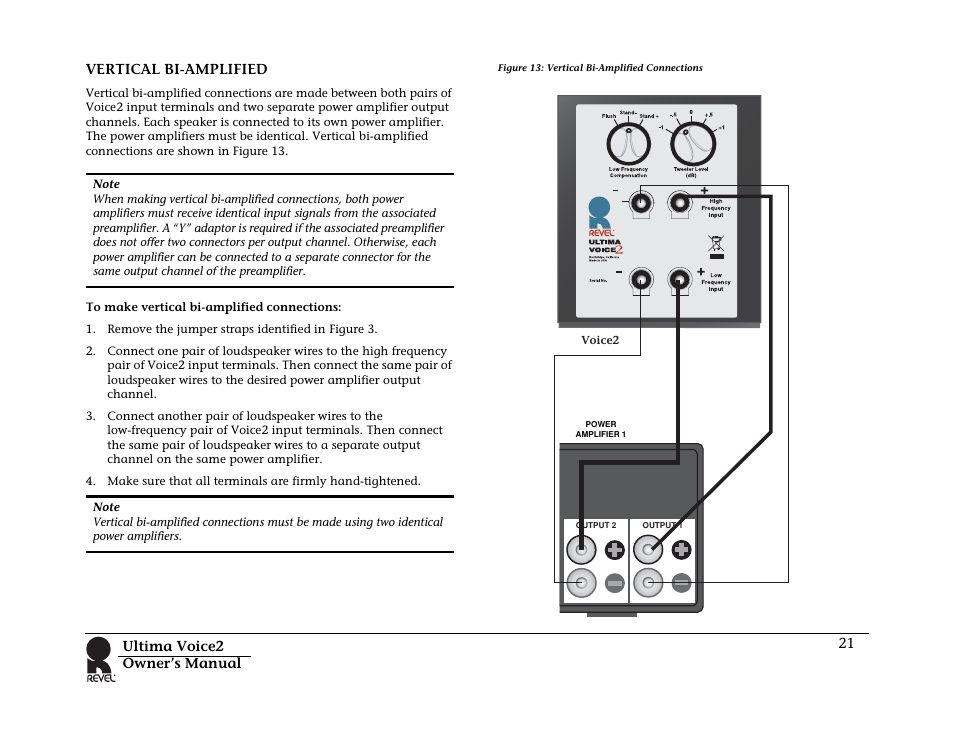 Vertical bi-amplified, Figure 13: vertical bi-amplified connections | Revel Voice 2 User Manual | Page 21 / 34