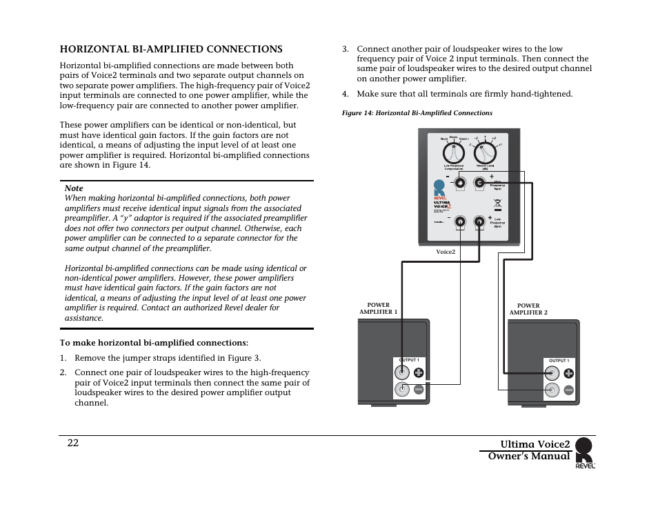 Horizontal bi-amplified connections, Figure 14: horizontal bi-amplified connections | Revel Voice 2 User Manual | Page 22 / 34