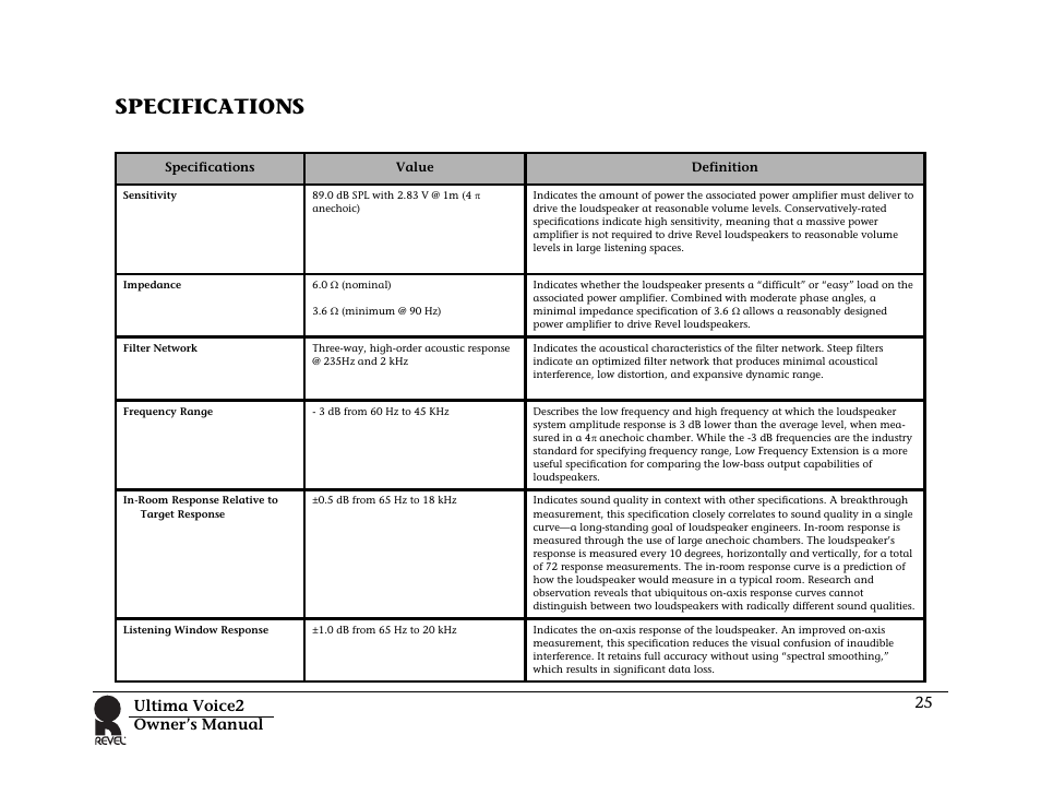 Specifications, Ultima voice2 owner’s manual 25 | Revel Voice 2 User Manual | Page 25 / 34