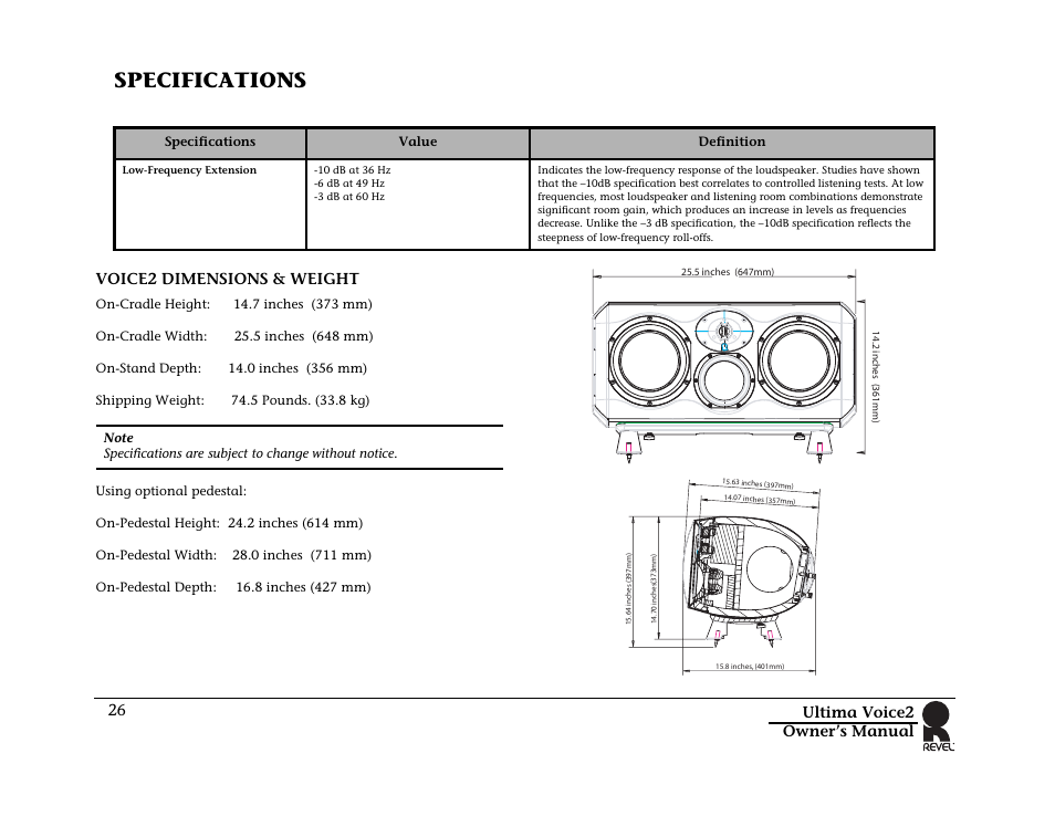 Voice2 dimensions & weight, Specifications | Revel Voice 2 User Manual | Page 26 / 34