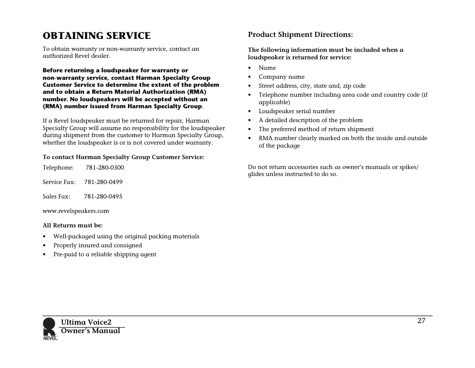 Obtaining service, Product shipment directions | Revel Voice 2 User Manual | Page 27 / 34