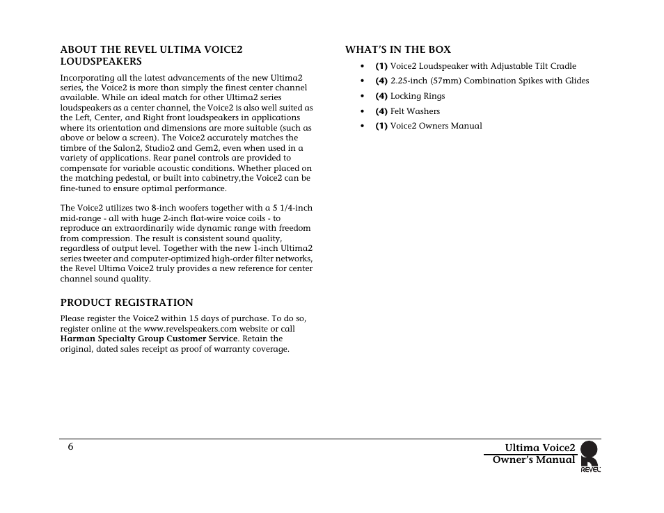 About the revel ultima voice2 loudspeakers, Product registration, What’s in the box | Product registration what’s in the box | Revel Voice 2 User Manual | Page 6 / 34