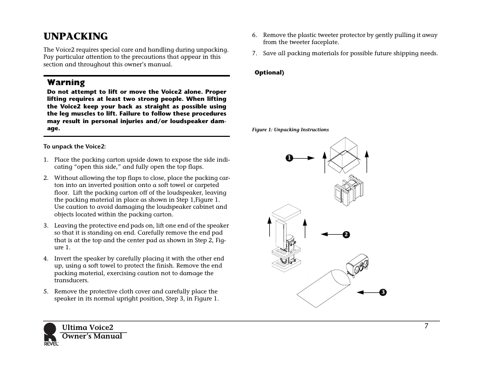 Unpacking, Figure 1: unpacking instructions, Warning | Revel Voice 2 User Manual | Page 7 / 34