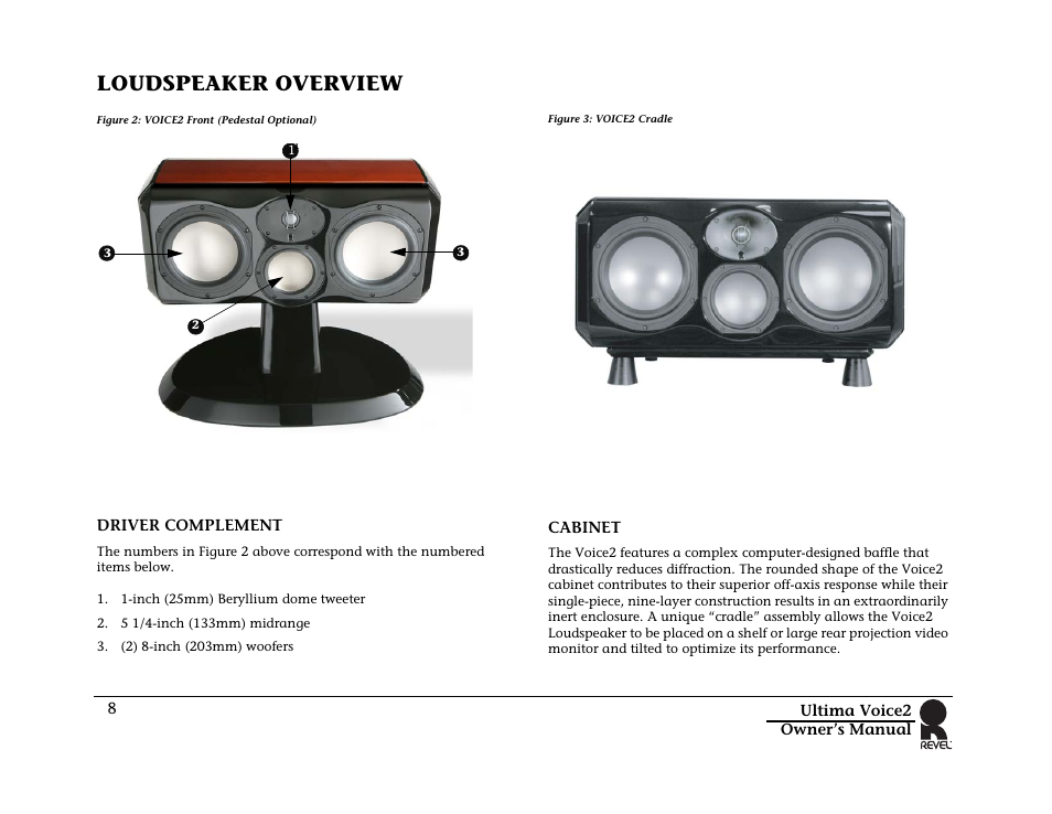 Loudspeaker overview, Figure 2: voice2 front (pedestal optional), Driver complement | Figure 3: voice2 cradle, Cabinet, Driver complement cabinet | Revel Voice 2 User Manual | Page 8 / 34