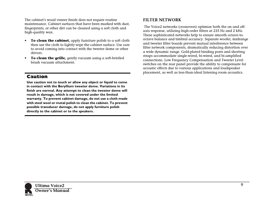 Filter network, Caution | Revel Voice 2 User Manual | Page 9 / 34