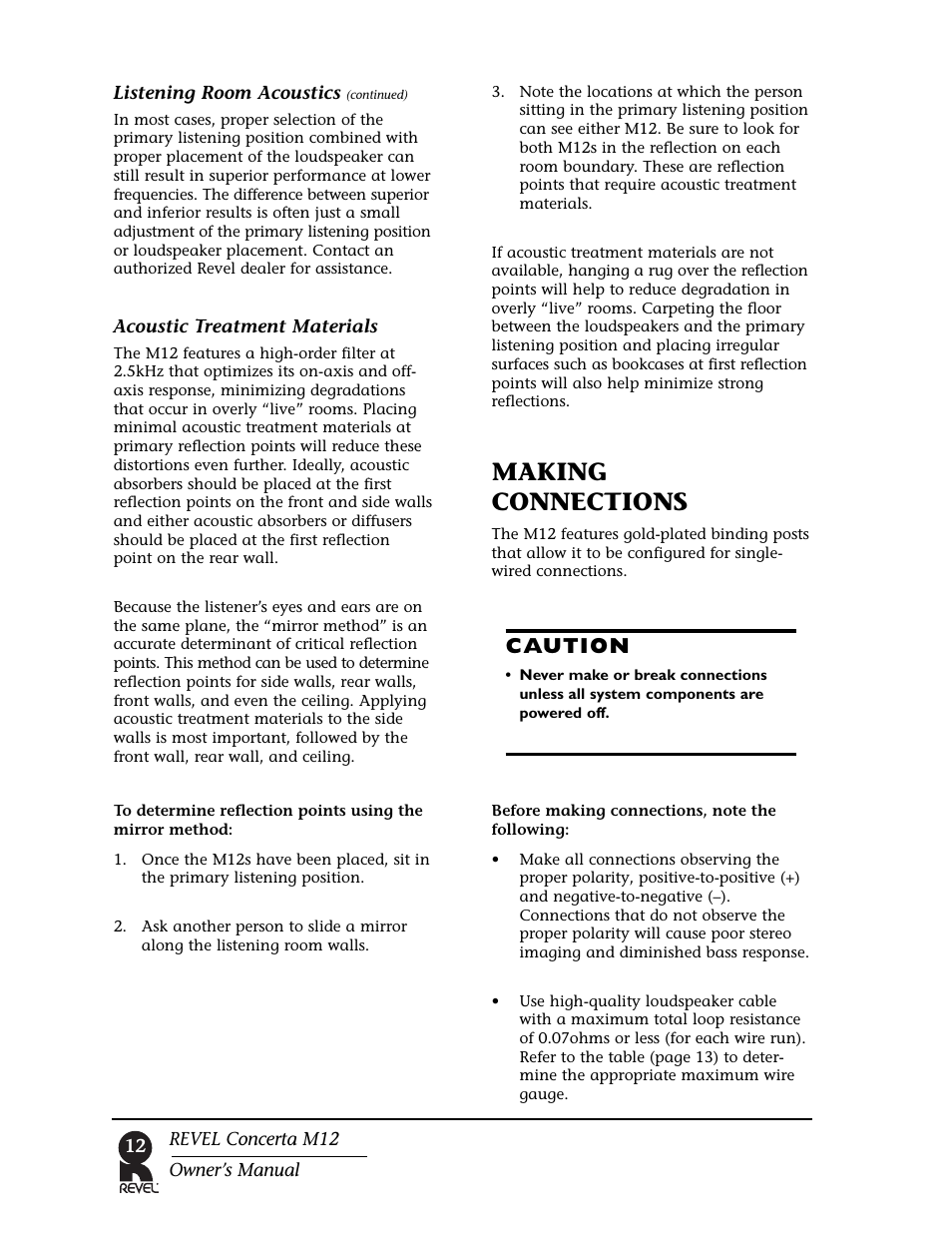 Making connections, Caution | Revel M12 User Manual | Page 12 / 18