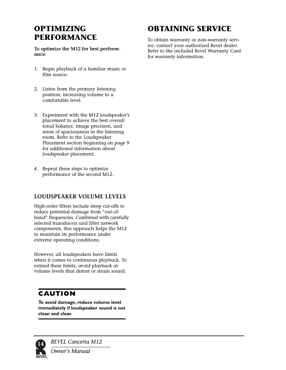 Optimizing performance, Obtaining service, Caution | Revel M12 User Manual | Page 14 / 18