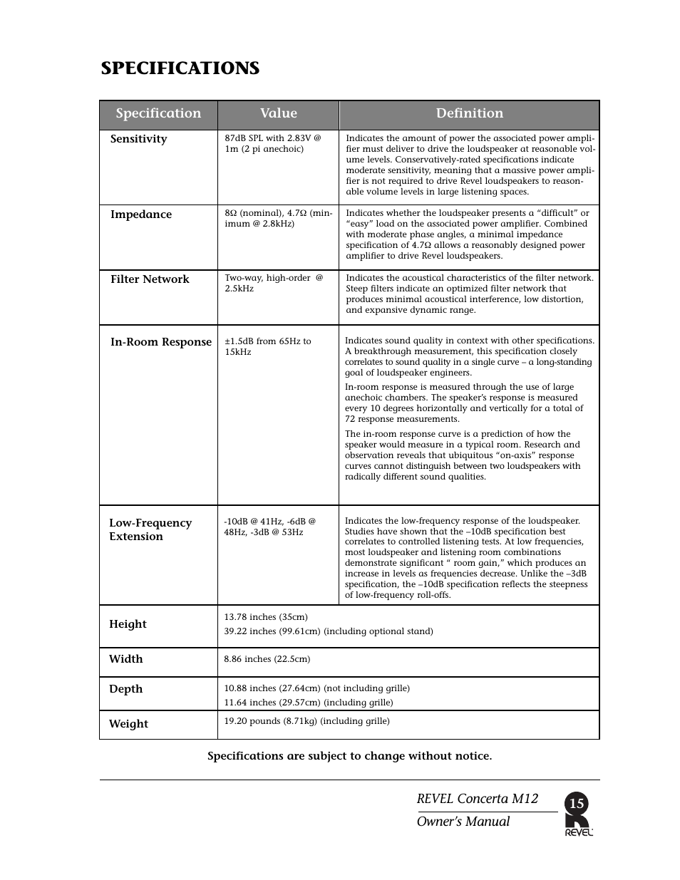 Specifications, Definition value specification 15, Revel concerta m12 owner’s manual | Revel M12 User Manual | Page 15 / 18