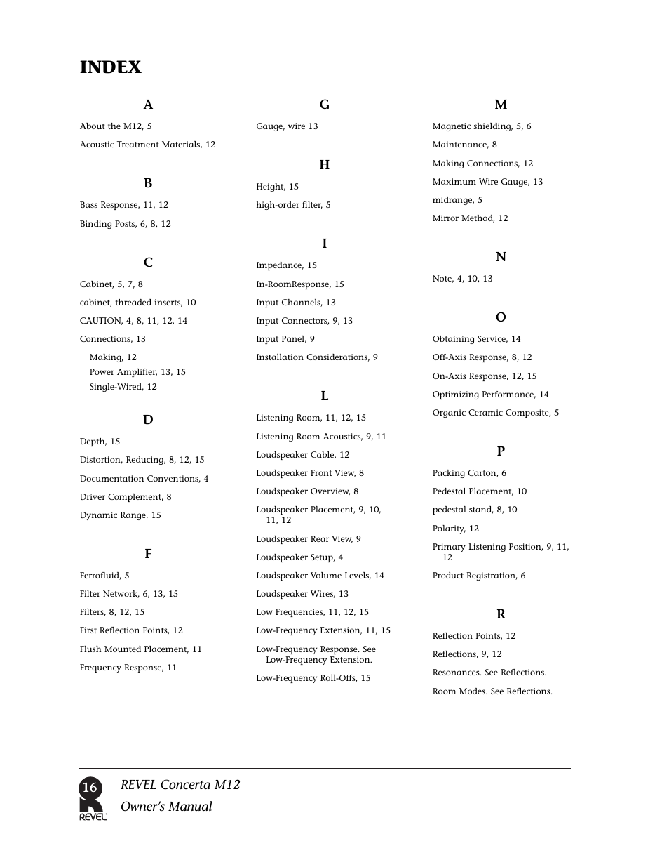 Index, 16 a, Revel concerta m12 owner’s manual | Revel M12 User Manual | Page 16 / 18