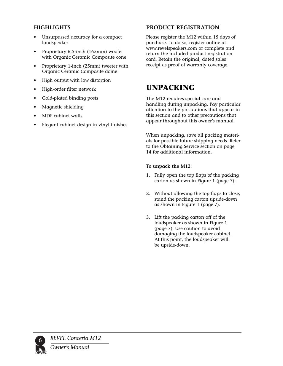 Unpacking | Revel M12 User Manual | Page 6 / 18