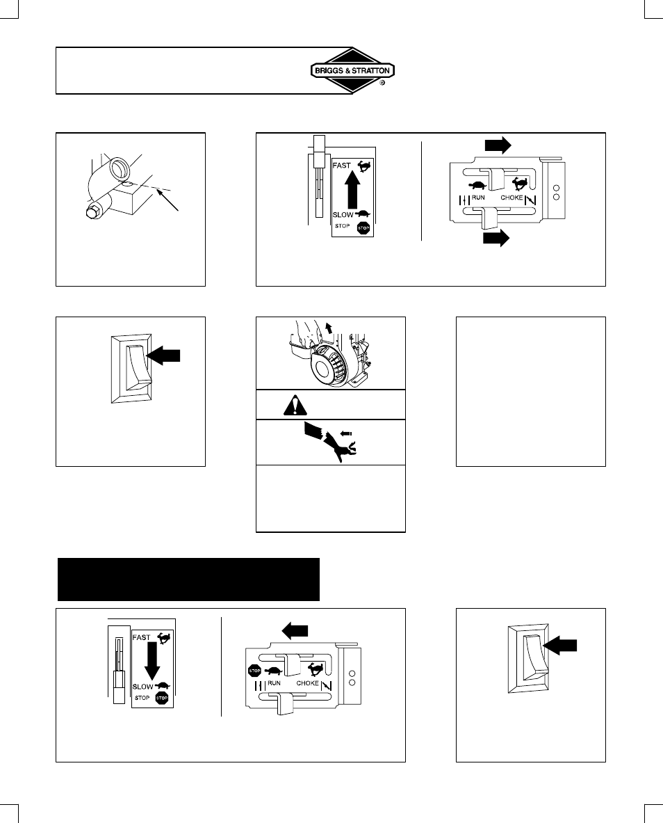 Starting and stopping, Rewind (manual) starter, Warning | Briggs & Stratton 91200 User Manual | Page 10 / 20