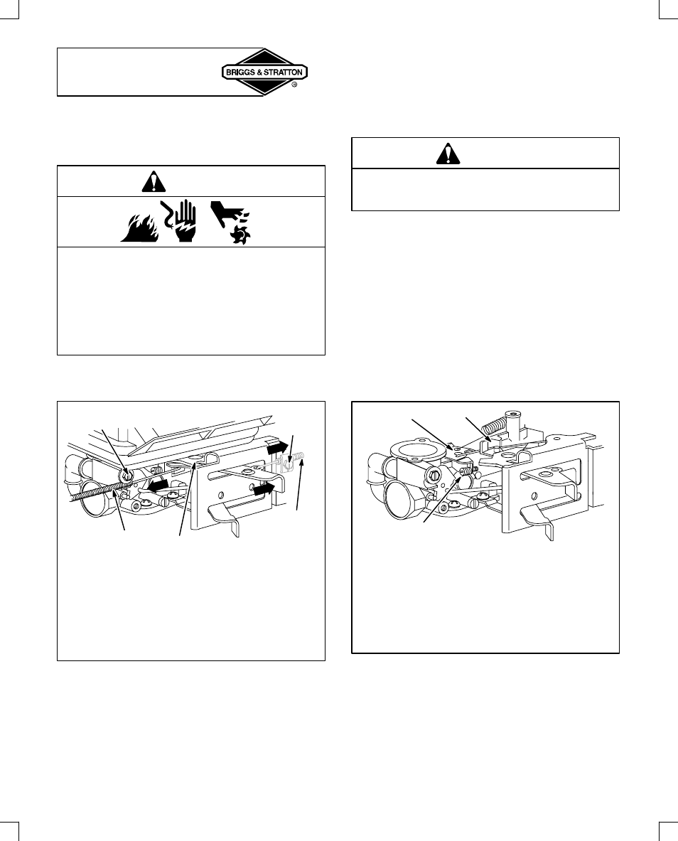 Adjustments, Throttle adjustment, Warning | Carburetor adjustment warning | Briggs & Stratton 91200 User Manual | Page 14 / 20