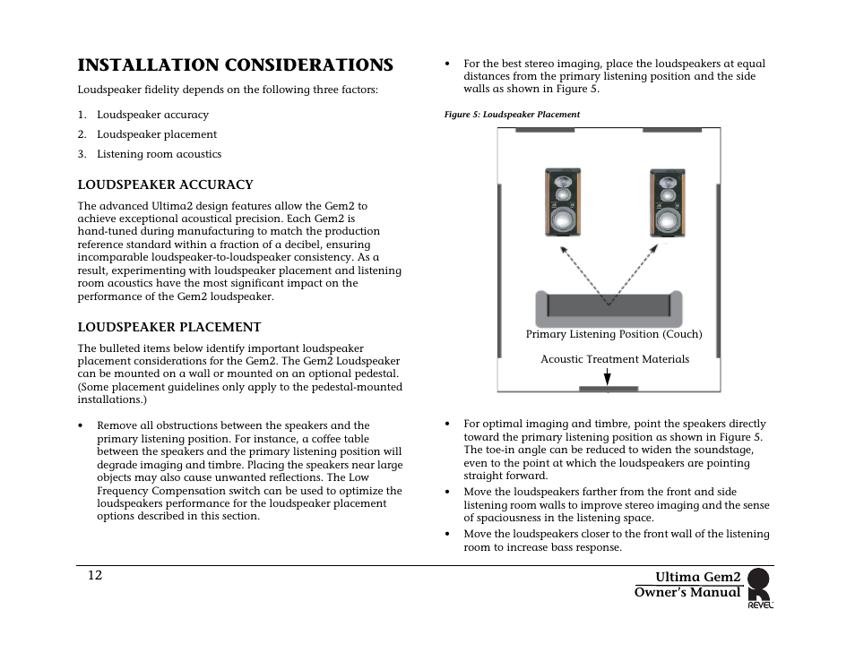 Installation considerations, Loudspeaker accuracy loudspeaker placement | Revel Gem 2 User Manual | Page 12 / 32