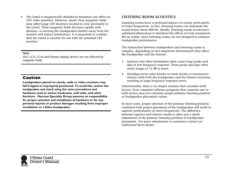 Caution, Listening room acoustics | Revel Gem 2 User Manual | Page 13 / 32