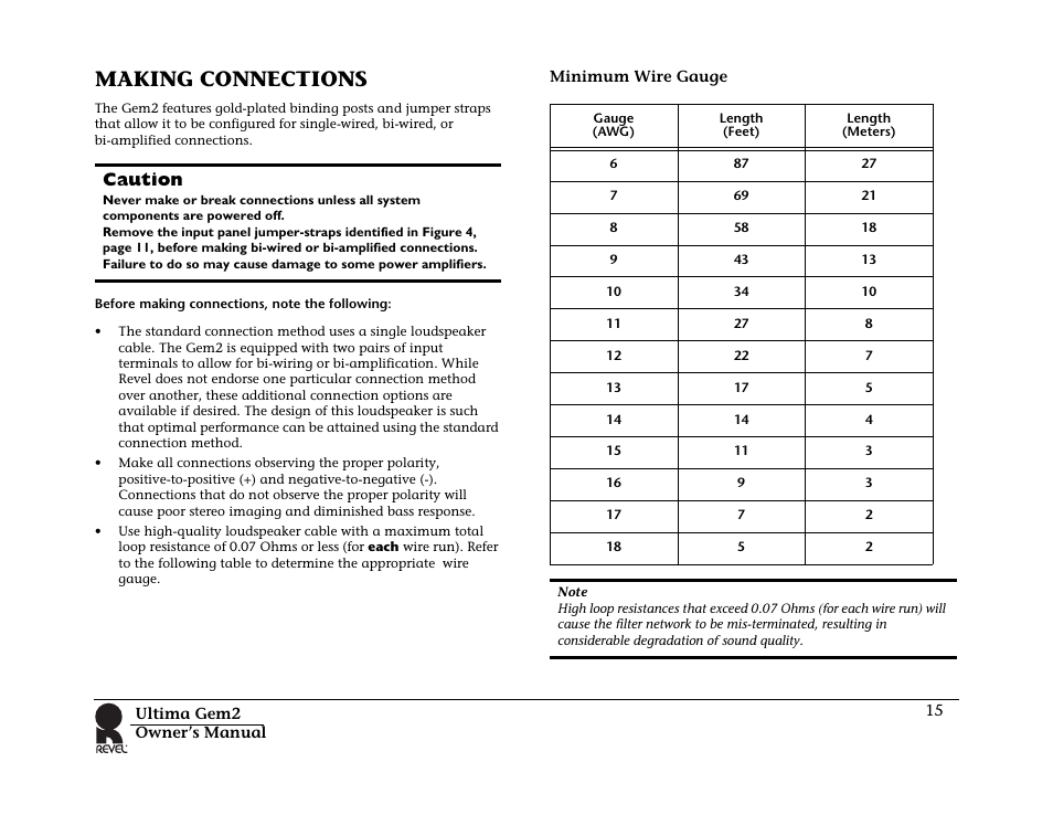 Making connections, Caution | Revel Gem 2 User Manual | Page 15 / 32