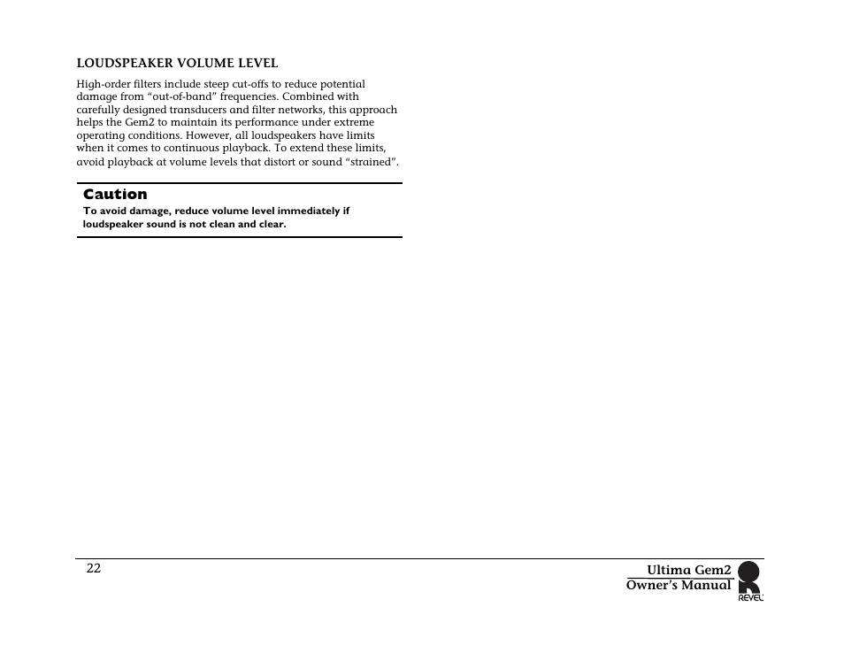 Caution, Loudspeaker volume level | Revel Gem 2 User Manual | Page 22 / 32