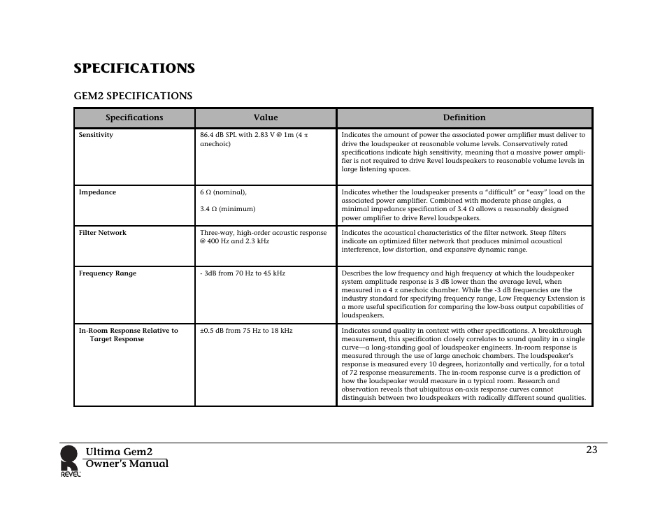 Specifications, Gem2 specifications, Ultima gem2 owner’s manual 23 | Revel Gem 2 User Manual | Page 23 / 32