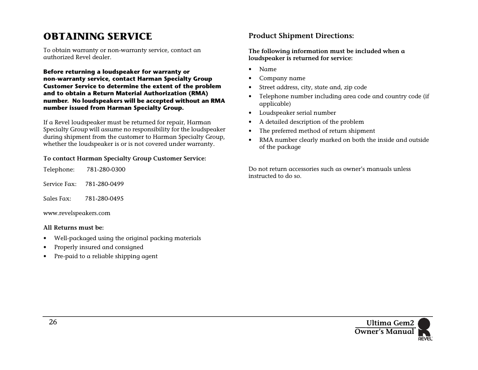 Obtaining service, Product shipment directions | Revel Gem 2 User Manual | Page 26 / 32