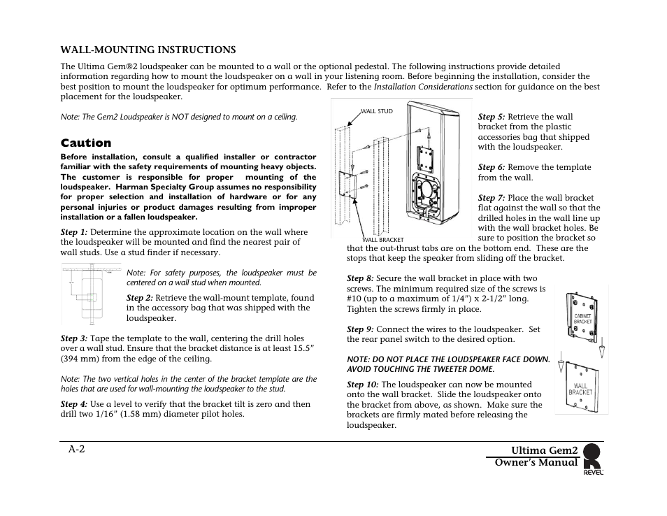 Caution, Wall-mounting instructions | Revel Gem 2 User Manual | Page 28 / 32