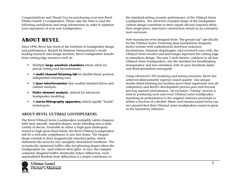 About revel, About revel ultima2 loudspeakers | Revel Gem 2 User Manual | Page 5 / 32