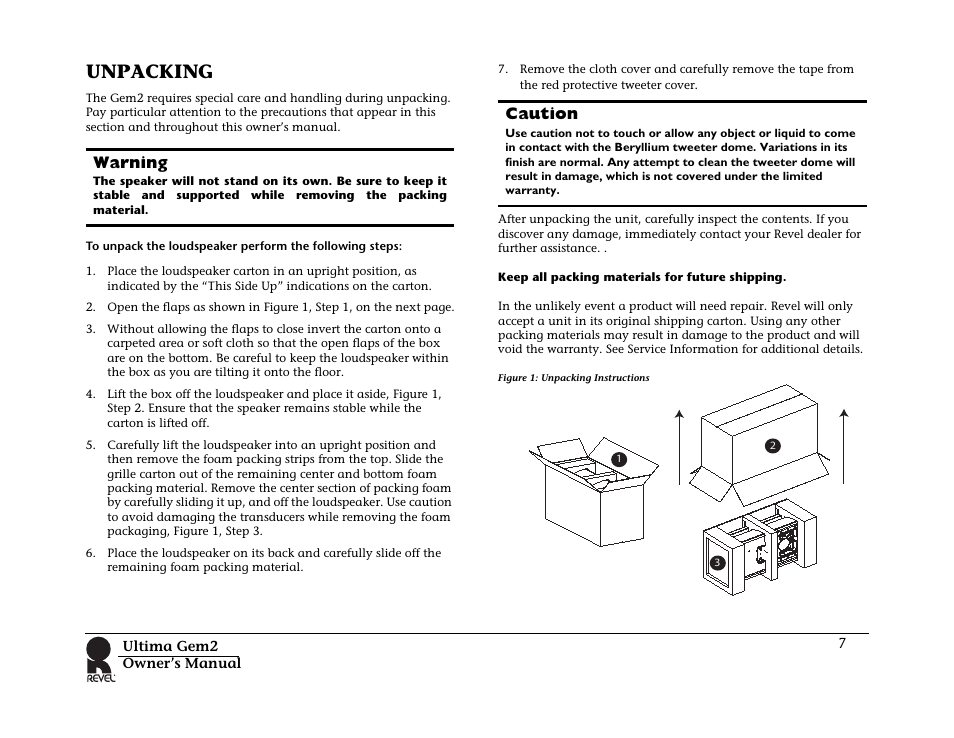 Unpacking, Warning, Caution | Revel Gem 2 User Manual | Page 7 / 32