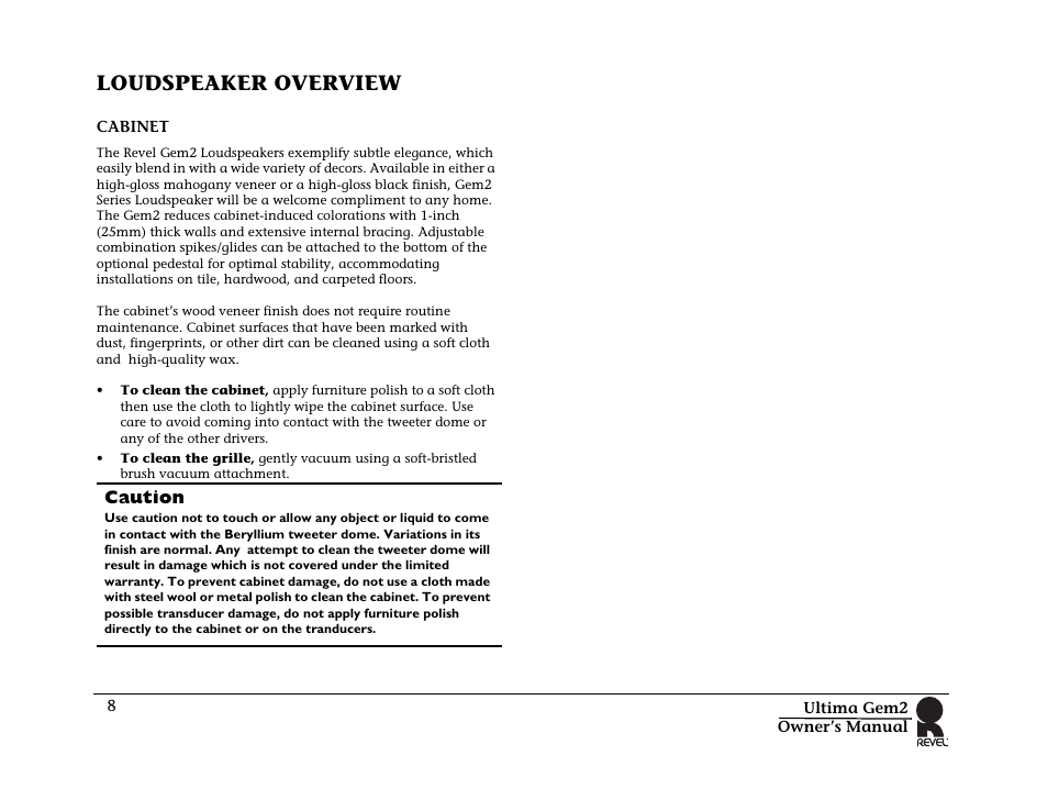Loudspeaker overview, Caution, Cabinet | Revel Gem 2 User Manual | Page 8 / 32