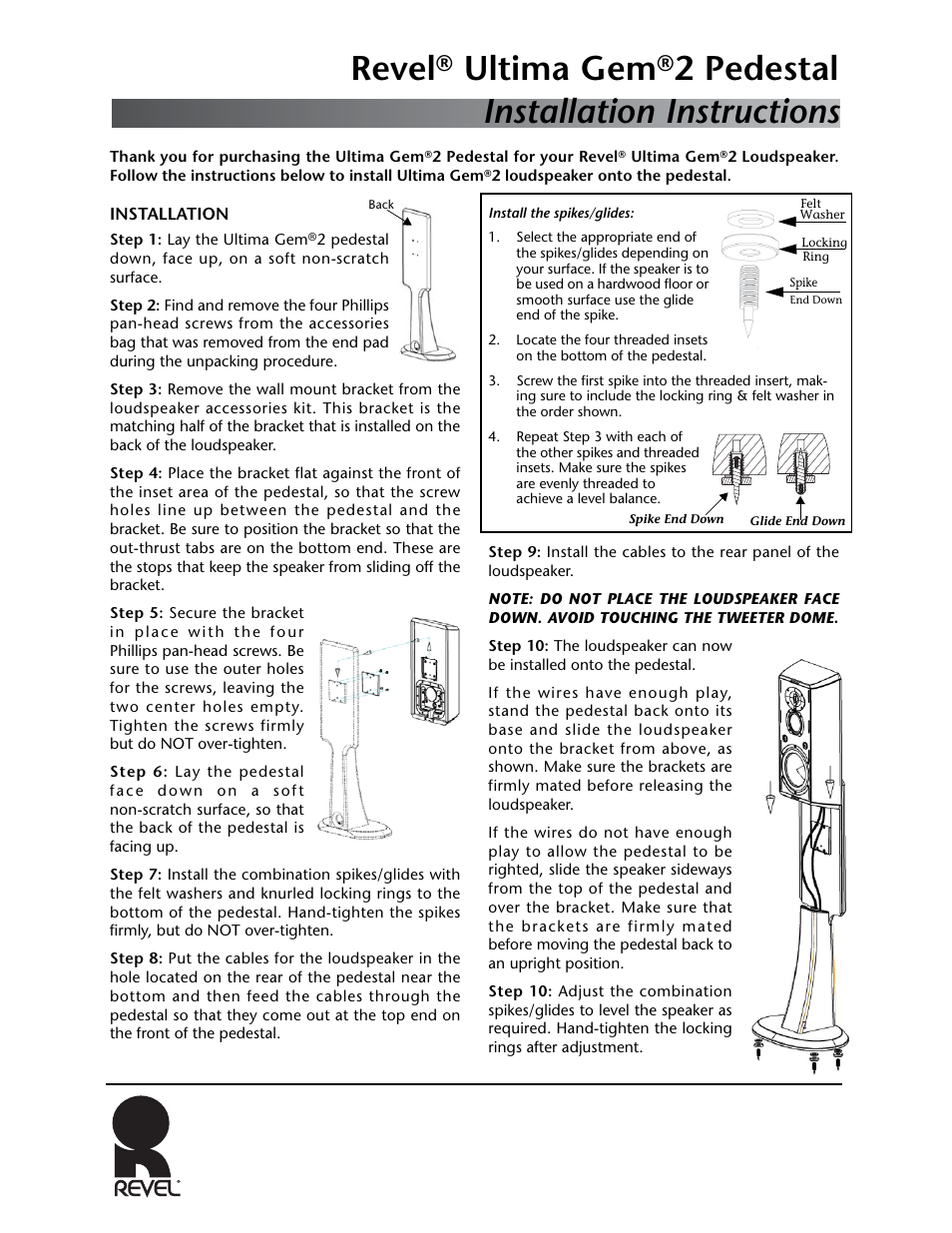 Installation instructions revel, Ultima gem, 2 pedestal | Revel Gem 2 Pedestal User Manual | Page 2 / 2